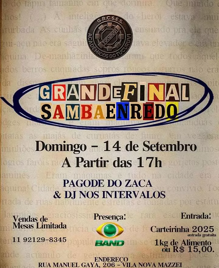 Acadêmicos do Tucuruvi escolhe samba para o carnaval de 2026 neste domingo, 14